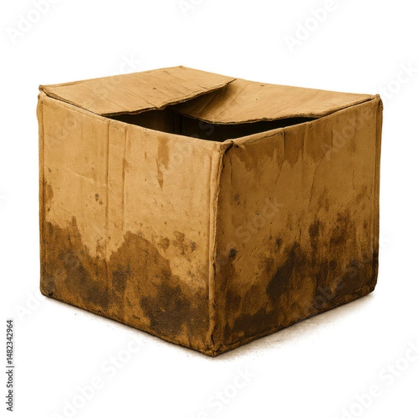 Fototapeta Old dirty cardboard box with torn flaps and water stains, showing wear and damage from use and exposure