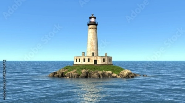 Fototapeta Solitary Lighthouse on a Rocky Island in a Calm Ocean under a Clear