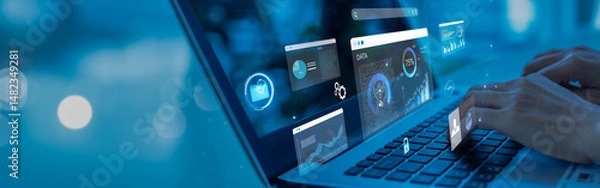 Fototapeta woman analyst uses a computer AI artificial intelligence and dashboard for data business analysis and Data Management System with KPI and metrics connected to the database for technology finance,