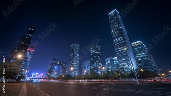 Fototapeta 夜景に浮かび上がる高層ビル群と輝く都市の光