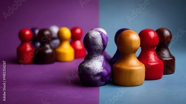 Fototapeta Colorful Wooden Figures on Split Background Representing Unity and Diversity in Community Engagement