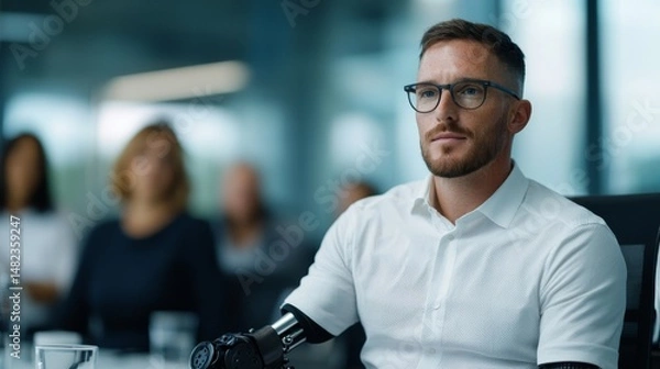 Fototapeta Professional business meeting with a man in a white shirt and prosthetic arm