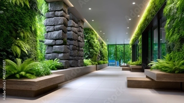 Fototapeta Lush Green Interior Photography of Modern Space with Natural Elements and Light