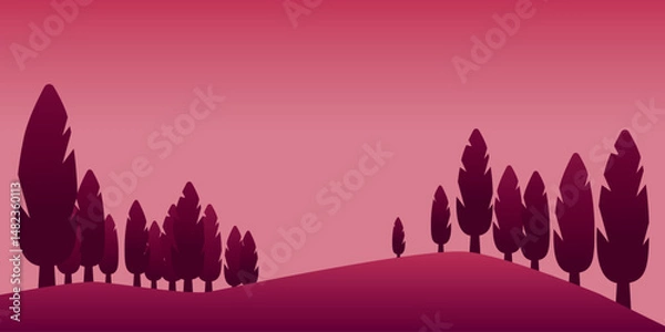 Obraz The abstract forest landscape is executed in pink and purple tones, with silhouettes of trees and hills against a soft sky, creating an atmosphere of peace and harmony. Vector.