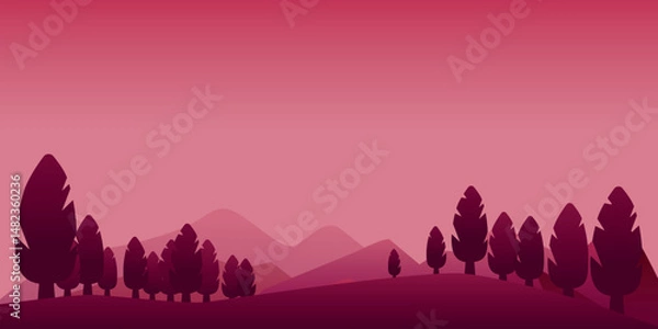 Fototapeta The abstract forest landscape is executed in pink and purple tones, with silhouettes of trees and hills against a soft sky, creating an atmosphere of peace and harmony. Vector.