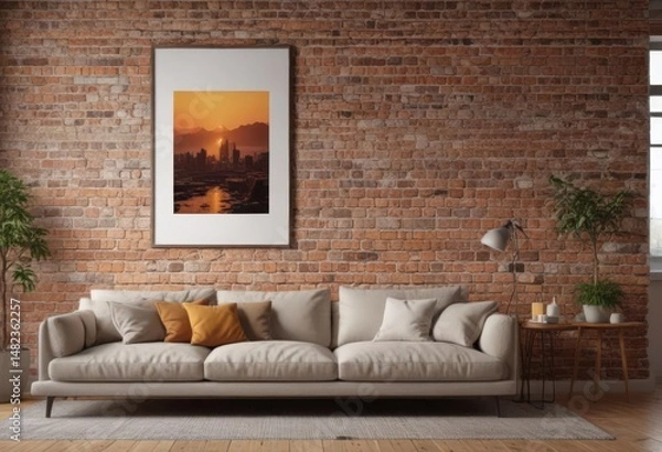 Fototapeta Warm living room, poster mockup clipped to brick wall, photography, house