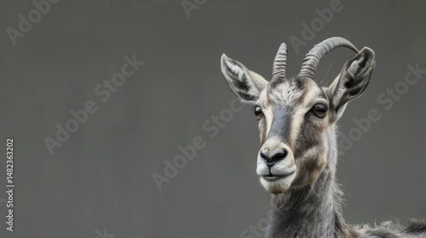 Fototapeta Close-up of a Goat-like Animal with Long Horns and Soft Fur, Wildlife Portrait, Animal Face Detail, Nature Beauty, Copy Space