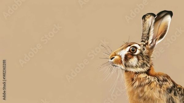 Fototapeta Close-up of a Curious Hare with Large Eyes, Wildlife Portrait, Animal Fur Detail, Nature Close-up, Copy Space
