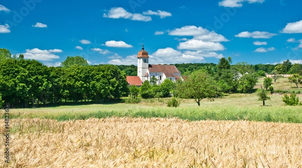 Obraz Campagne et clocher comtois, Haute-Saône