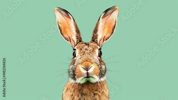 Fototapeta Close-up of a Curious Rabbit, Fluffy Fur, Adorable Bunny Face, Soft Green Background, Animal Portrait, Cute Pet, Wildlife Photography, Copy Space
