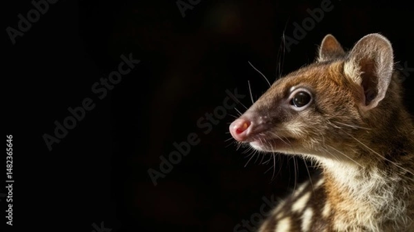 Fototapeta Close-up of a small wild mammal with curious expression, detailed fur texture, whiskers, natural wildlife portrait, isolated on black background, high resolution, Copy Space