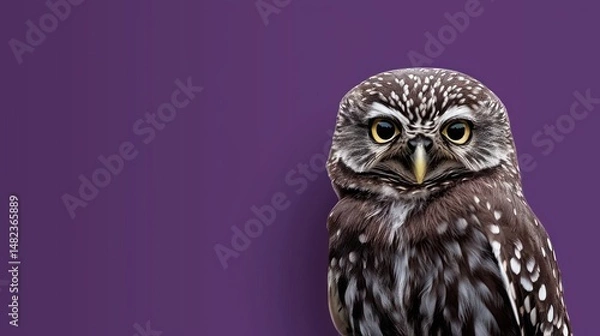 Fototapeta Close-up of a small owl with bright yellow eyes, detailed feathers, sharp gaze, nocturnal bird, wildlife portrait, isolated on purple background, high resolution, Copy Space