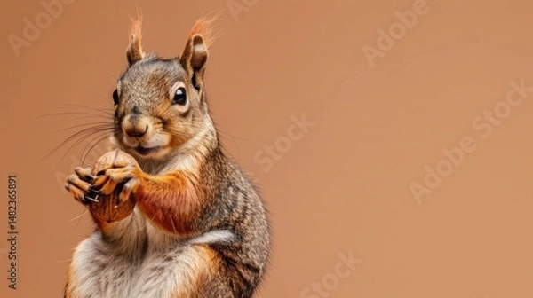 Fototapeta Close-up of a squirrel holding a nut with sharp claws, detailed fur texture, curious wildlife, forest animal, natural habitat, brown background, high resolution, Copy Space