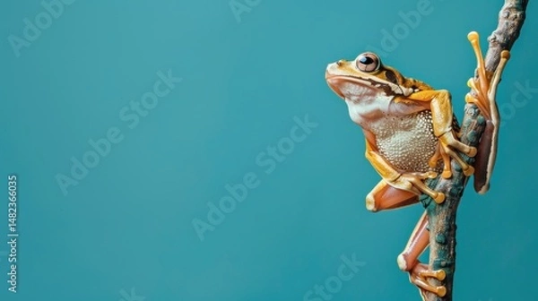 Fototapeta Close-up of vibrant tree frog clinging to branch, bright orange legs, detailed skin texture, tropical amphibian, nature photography, wild animal, blue background, Copy Space