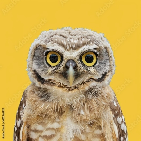 Fototapeta Close-up of a curious owl face with large yellow eyes, detailed feathers, bird portrait, wildlife photography, nocturnal bird, animal close-up, nature wildlife, Copy Space