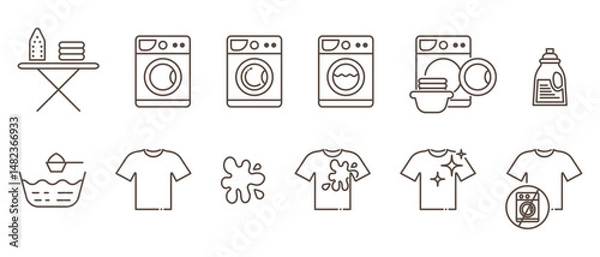 Fototapeta Laundry self service linear icons isolated on transparent background. Washing service icons. Washing machine, t-shirt, spot liquid detergent, basin, iron, clean shirt and other icons.
