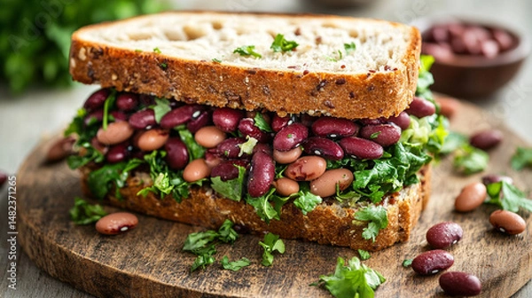 Fototapeta Nutritious bean and greens sandwich stacked between whole grain bread on a rustic wooden board