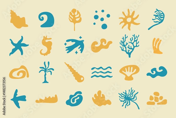 Fototapeta Vector design elements set of summer holiday vibes for prints templates - simple hand drawn linocut style. Wavy and groovy shapes for packaging, prints, social media, surface design