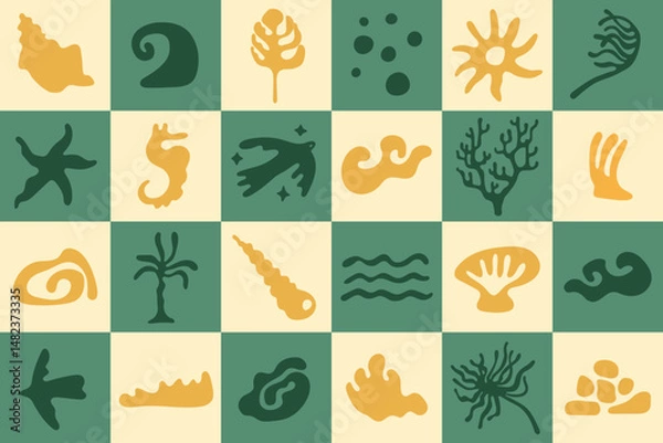 Fototapeta Vector design elements set of summer holiday vibes for prints templates - simple hand drawn linocut style. Wavy and groovy shapes for packaging, prints, social media, surface design