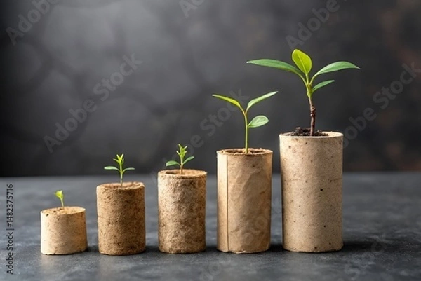 Fototapeta Photo-Realistic Young Plants Growing in Cork Cylinders on Dark Textured Surface