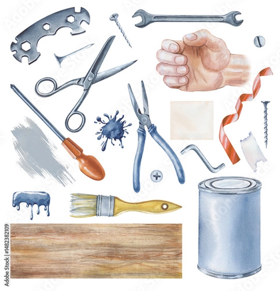 Fototapeta Watercolor set of men's working tools on a white background. Watercolor illustration of a man's strong hand and working tools for home renovation. Isolated. Father's Day.