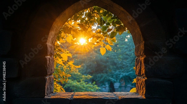 Fototapeta Sunlight filters through an archway filled with green leaves in a serene outdoor setting during golden hour
