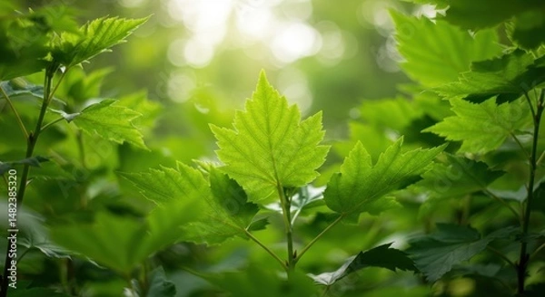 Fototapeta Lush Green Maple Leaves in Sunlight with Soft Background Bokeh Effect