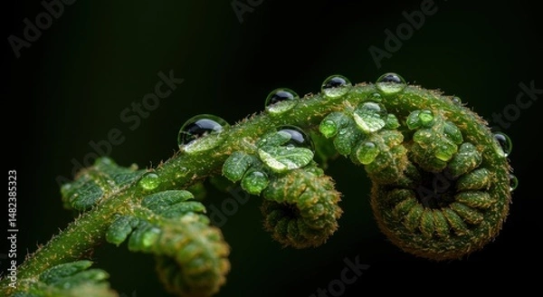 Fototapeta Close-up of a fern leaf with water droplets highlighting its intricate texture