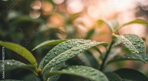 Fototapeta Close-up of dew-covered green leaves in a serene natural setting at dawn