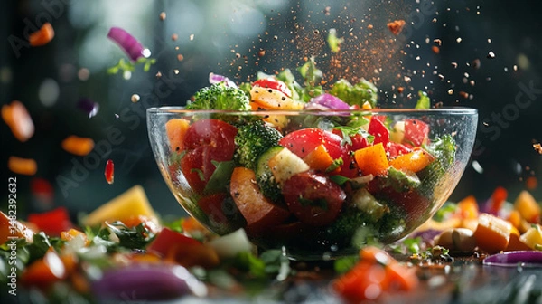 Fototapeta Colorful salad being prepared with fresh vegetables and herbs in a vibrant kitchen setting during daylight