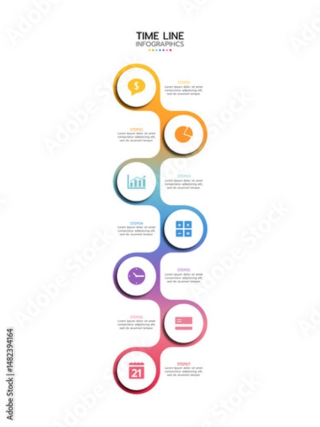 Obraz Timeline infographic featuring seven vertical, connected rounded shapes with a gradient from yellow to red. Each shape is labeled "STEP" with a number, contains an icon. Vector illustration.