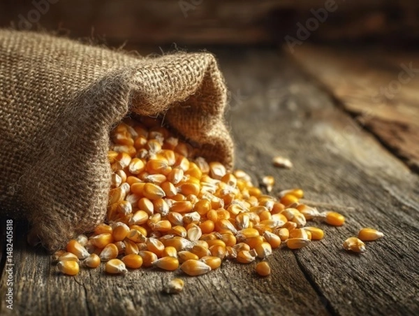 Fototapeta A burlap sack spilling golden corn kernels onto a rustic wooden surface, evoking a harvest theme