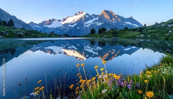 Obraz Majestic Mountain Reflection in Calm Lake with Wildflowers at Su