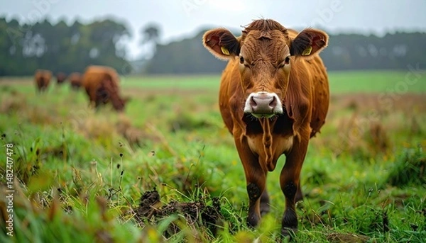 Obraz Brown Cow Gazing Directly at Camera in Lush Green Pasture Field