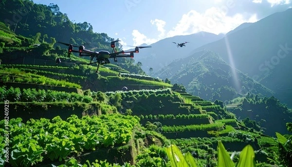 Obraz Drones Surveying Lush Green Terraced Fields Under Bright Sunligh