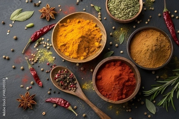 Obraz Colorful Indian Spices Flat Lay on Dark Background – Vibrant Aromatic Seasoning Display