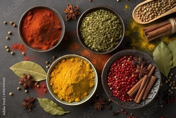 Obraz Colorful Indian Spices Flat Lay on Dark Background – Vibrant Aromatic Seasoning Display