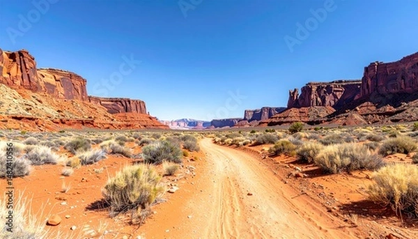 Obraz Scenic Desert Landscape with Red Rock Formations and Dirt Road U