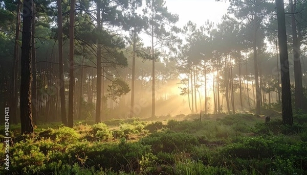 Obraz Sunlit Forest Scene with Misty Light Filtering Through Tall Tree