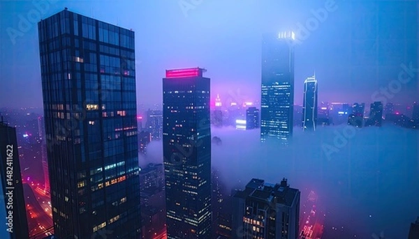 Obraz Skyscrapers Illuminated in Neon Hues Above a Misty Cityscape at