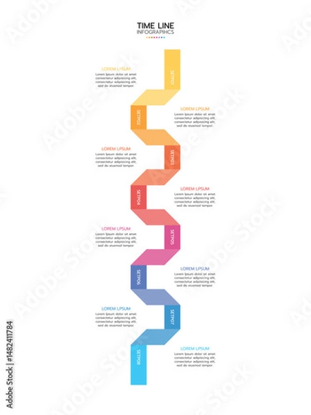 Fototapeta Timeline infographic featuring eight horizontal zigzag banners stacked vertically with a gradient from yellow to blue. Each banner is labeled "STEP" and has placeholder text. Vector illustration.