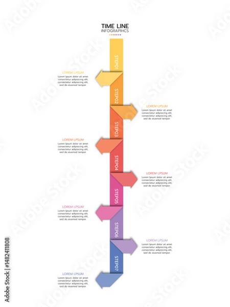 Fototapeta Timeline infographic featuring seven horizontal arrow banners stacked vertically with a gradient from yellow to blue. Each banner is labeled "STEP" and has placeholder text. Vector illustration.