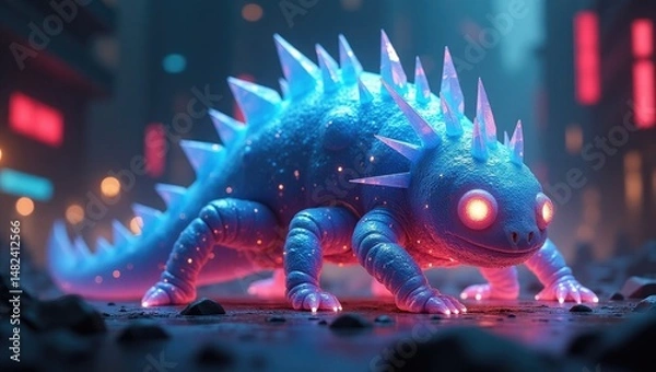 Obraz Crystalline Spiked Creature in Neon Cityscape