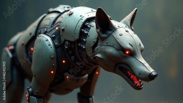 Obraz Cybernetic Wolf with Glowing Eyes and Mechanical Details in Focu