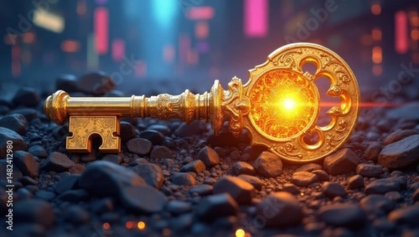 Obraz Ornate Golden Key Radiating Light on a Bed of Dark Stones with B