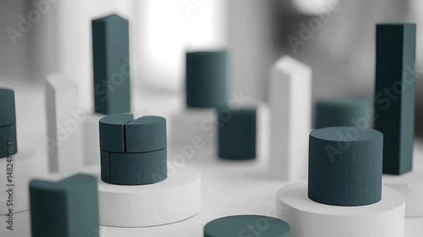 Obraz Geometric teal and white wooden shapes on pedestals in soft ligh