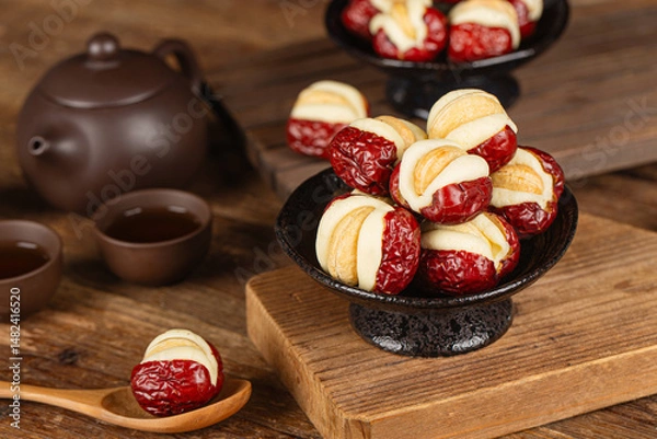 Obraz Chinese specialty snack - cashew nut puffs and dates