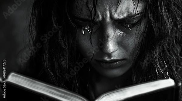 Obraz Sad woman crying while reading a book dramatic black and white portrait photography up art loss pain
