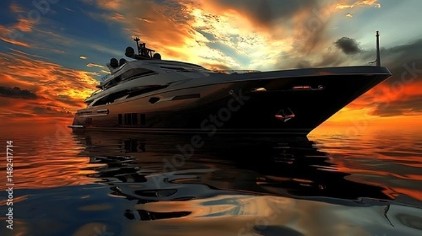 Obraz Luxurious Black Yacht Reflecting Fiery Sunset on Calm, Reflectiv