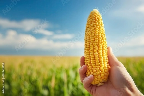 Fototapeta Hand holding a ripe corn cob against a bright blue sky and green cornfield backdrop